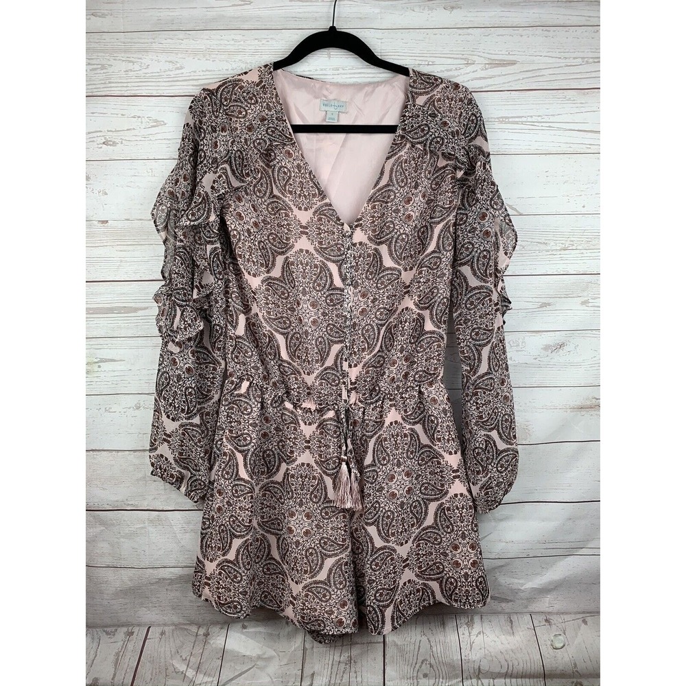 Belle‎ Sky Pink Paisley Ruffle Long Sleeve Romper Small V-Neck Tassel Boho